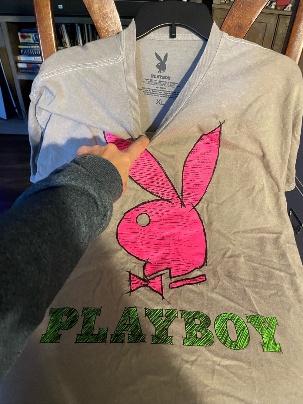 PLAYBOY  V-Neck Tee with Pink Bunny & Green Logo